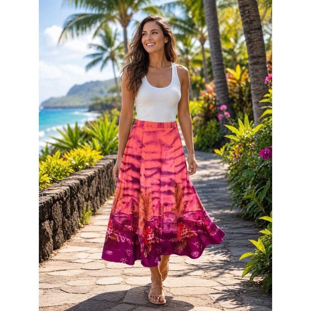 Miss Anastasia Hawaiian Village Print Maxi Skirt Pink Medium Sequins Beading NWT